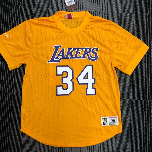 Mitchellness 湖人队 黄色 34号 奥尼尔 复古网眼短袖