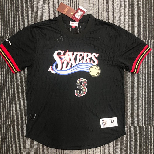 Mitchellness 76人队 黑色 3号 艾佛森 复古网眼短袖